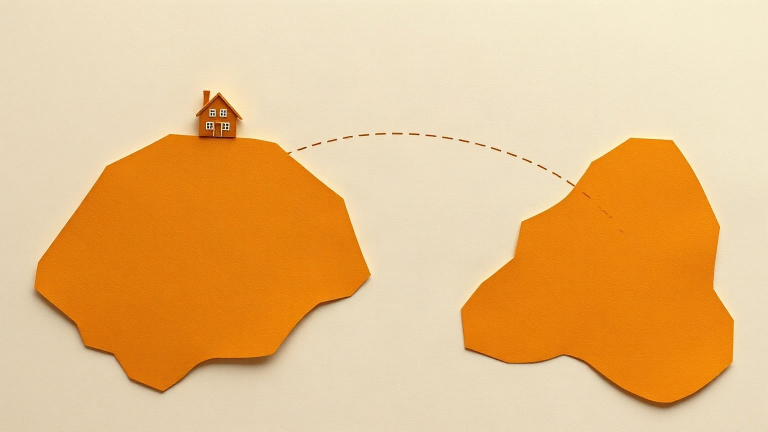 Two paper landmasses with a small house on one and a dotted arc curving to the other